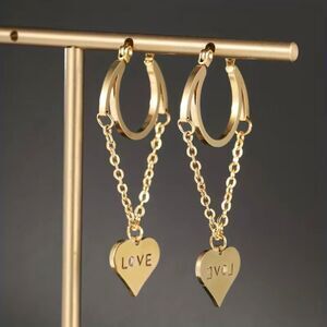 Stainless Steel Unique Heart Love Drop Earrings 18K Gold Plated Jewelry